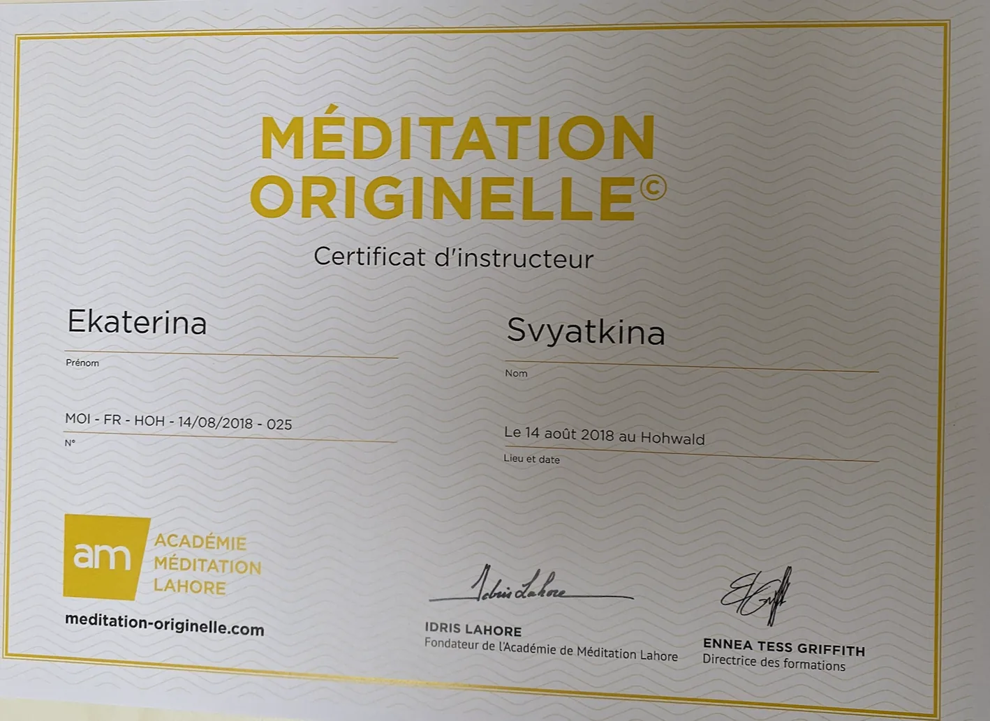 Сертификат Свободного Французского Университета — инструктор медитации